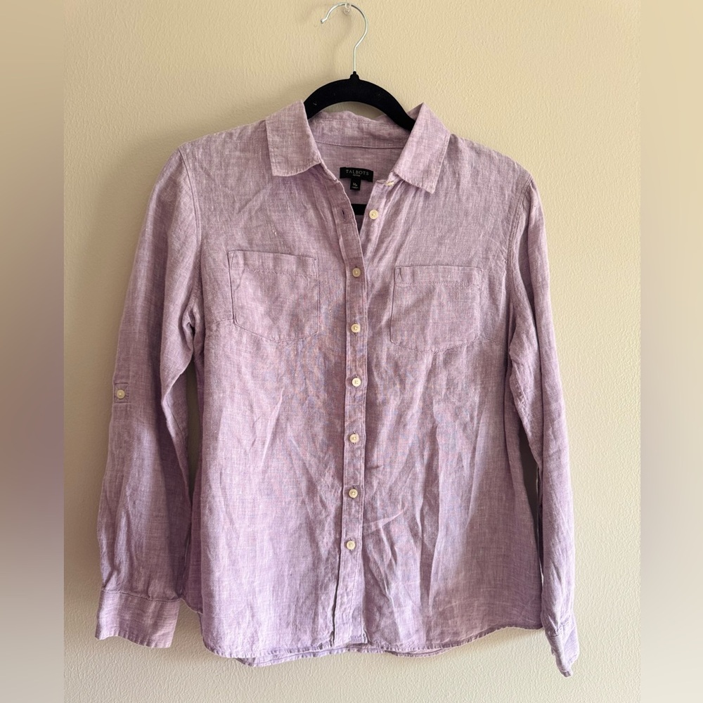 Talbots 100% Linen Lavender Roll Tab Shirt Medium petite